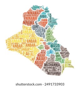 Iraq region word cloud. Country shape design. Iraq colored illustration. Region names collage cloud. Vector illustration.