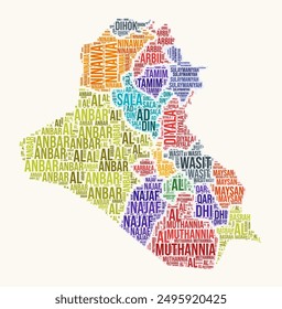 Iraq regions word cloud. Country logo design. Regions typography style vector image. Iraq colored text cloud. Artistic vector illustration.