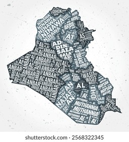 Iraq regions word clouds. Country shape on textured background. Iraq design in typographic style. Retro vector illustration.