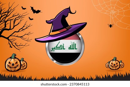 iraq round flag with Happy Halloween banner or party invitation background. bats, spiders and pumpkins, orange background