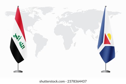 Iraq and Saint Martin flags for official meeting against background of world map.