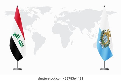 Iraq and San Marino flags for official meeting against background of world map.