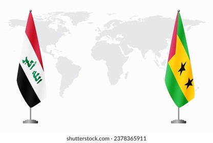 Iraq and Sao Tome and Principe flags for official meeting against background of world map.