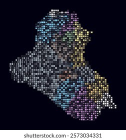 Iraq, shape of the country build of colored cells. Digital style map of the Iraq on dark background. Small size square blocks. Plain vector illustration.