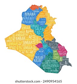 Iraq shape. Country word cloud with region division. Iraq colored illustration. Region names cloud. Vector illustration.