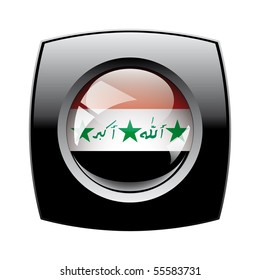 Iraq shiny button flag with black frame -  vector illustration. Isolated abstract object against white background.