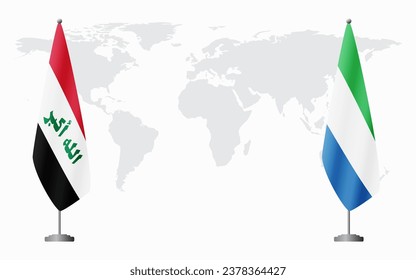 Iraq and Sierra Leone flags for official meeting against background of world map.