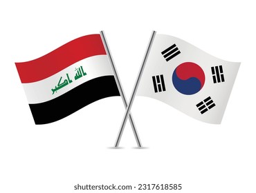 Iraq y Corea del Sur cruzaron banderas. Banderas iraquíes y surcoreanas, aisladas de fondo blanco. Conjunto de iconos del vector. Ilustración vectorial.