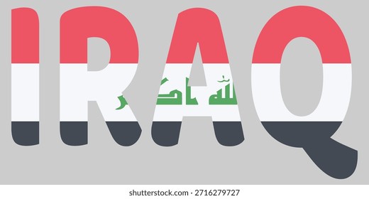 Name des irakischen Staates. Rot, Weiß, Schwarz füllen die fetten Buchstaben. Die grüne Schrift sitzt in der Mitte. Volltongrauer Hintergrund. Die Grafik zeigt patriotische Identität, Erbe, Kultur.