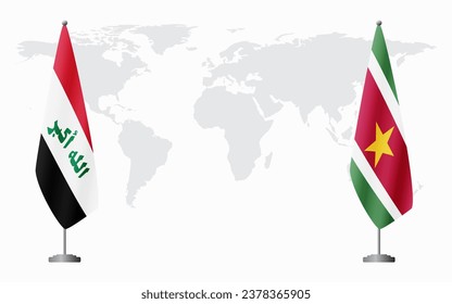 Iraq and Suriname flags for official meeting against background of world map.