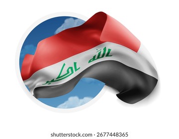 Iraq, bandera del Vector 3d contra un cielo azul, a través de un agujero redondo en un fondo blanco