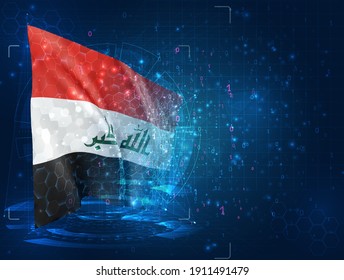 Iraq, vector 3d flag on blue background with hud interfaces