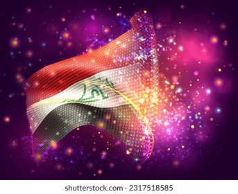 Iraq, vector 3d flag on pink purple background with lighting and flares