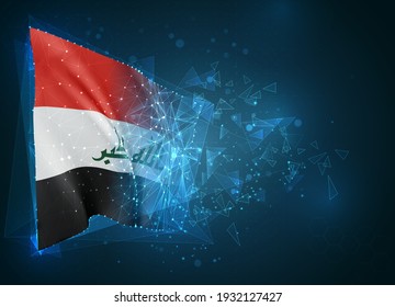 Irak, Vektorflagge, virtuelles abstraktes 3D-Objekt aus dreieckigen Polygonen auf blauem Hintergrund