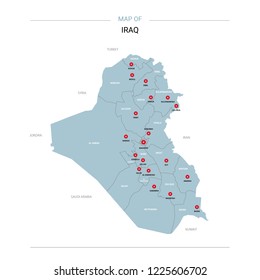 Iraq vector map. Editable template with regions, cities, red pins and blue surface on white background. 