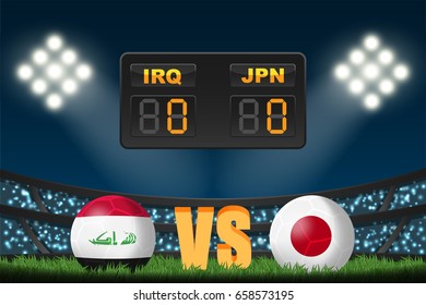 Iraq vs Japan soccer ball in flag design on stadium background with scoreboard for Asia football qualify , this image for match template or banner in vector illustration