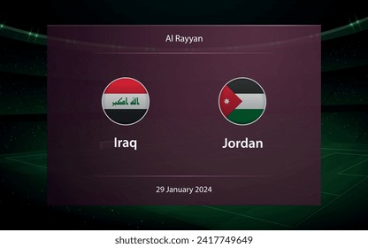 Iraq vs Jordan. knockout stage Asia 2023, Soccer scoreboard broadcast graphic template