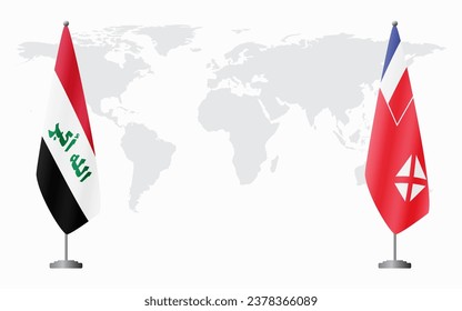 Iraq and Wallis and Futuna flags for official meeting against background of world map.