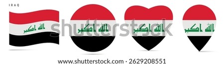 Iraq waving flag, round circle sticker badge, heart shaped icon, map pin. Iraqi flag buttons of different shapes. Vector illustration isolated on white.