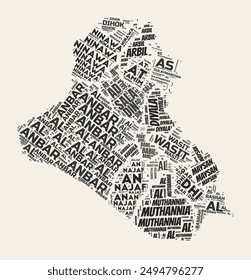 Iraq Word Cloud. Country with regions division. Iraq typographic text clouds vector image design. Vintage gazette style country shape image. Elegant vector illustration.