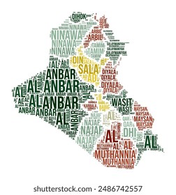 Iraq Word Cloud. Country shape with region division. Iraq typography style image. Region names tag clouds. Vector illustration.