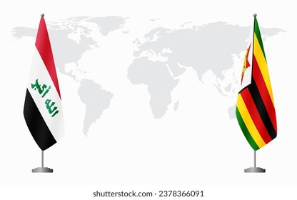 Iraq and Zimbabwe flags for official meeting against background of world map.