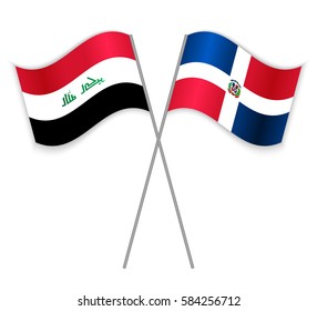 Iraqi and Dominican crossed flags. Iraq combined with Dominican Republic isolated on white. Language learning, international business or travel concept.