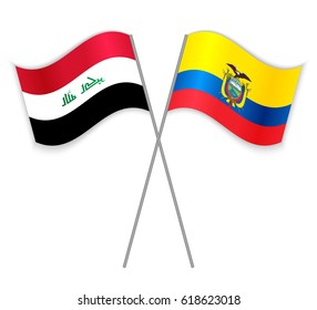 Iraqi and Ecuadorian crossed flags. Iraq combined with Ecuador isolated on white. Language learning, international business or travel concept.