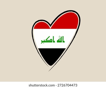 Iraqi flag designed within a hand-drawn heart shape vector illustration representing national pride and patriotic love..