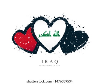 Iraqi flag in the form of three hearts. Vector illustration on a white background. Brush strokes are drawn by hand. Independence Day of Iraq.