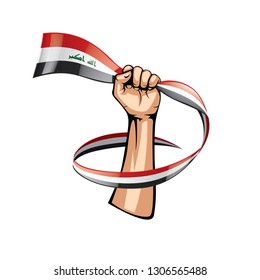Iraqi flag and hand on white background. Vector illustration