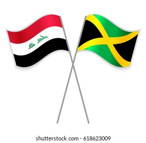 Iraqi and Jamaican crossed flags. Iraq combined with Jamaica isolated on white. Language learning, international business or travel concept.