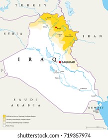 Iraqi Kurdistan Region political map. Official, controlled and claimed territories in Iraq. Neighbor countries, capitals and important cities, rivers and lakes. English labeling. Illustration. Vector.