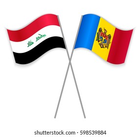 Iraqi and Moldovan crossed flags. Iraq combined with Moldova isolated on white. Language learning, international business or travel concept.