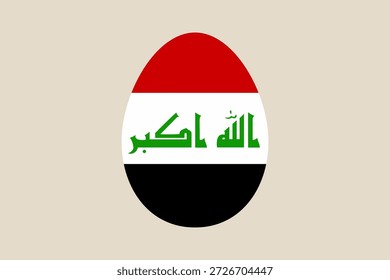 Iraqi national flag creatively designed in an Easter egg shape for a patriotic holiday celebration on a simple background..