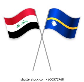 Iraqi and Nauruan crossed flags. Iraq combined with Nauru isolated on white. Language learning, international business or travel concept.