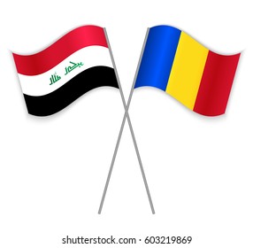 Iraqi and Romanian crossed flags. Iraq combined with Romania isolated on white. Language learning, international business or travel concept.