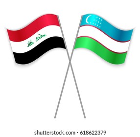 Iraqi and Uzbek crossed flags. Iraq combined with Uzbekistan isolated on white. Language learning, international business or travel concept.