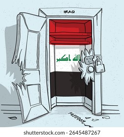 O caminho do Iraque para a liberdade. Ilustração política de uma porta quebrada, mas trancada, com a bandeira nacional. Uma metáfora para luta e esperança.