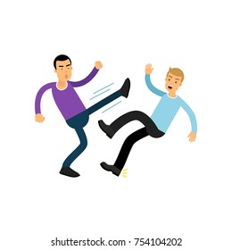 Irate man in high kick pose beats guy in blue sweater. People having fight. Violent behavior. Aggressive bully. Cartoon male characters in flat style. Vector illustration isolated on white background.