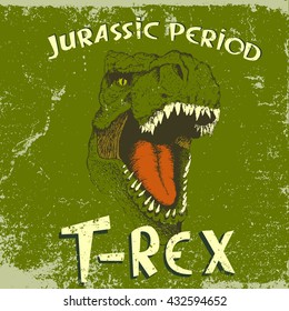 Irate T-Rex head.tyrannosaurus rex.Grunge label with dinosaur tyrannosaur.Vector illustration