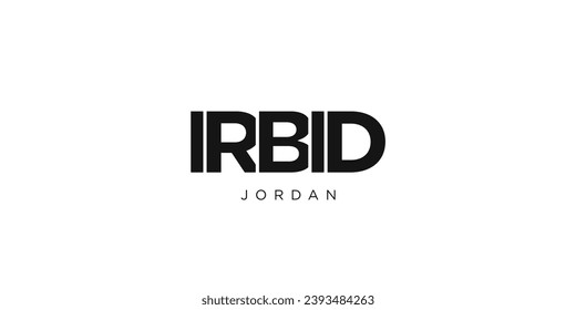 Irbid en el emblema jordano para imprimir y web. El diseño presenta estilo geométrico, ilustración vectorial con tipografía audaz en fuente moderna. Letras gráficas de eslóganes aisladas en fondo blanco.