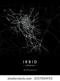 Irbid vector print map in dark theme. Detailed map of Irbid in Jordan. Best free vector illustration. Tourist decorative minimalist street map.