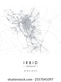 Irbid vector print map. Detailed map of Irbid in Jordan. Best free vector illustration. Tourist decorative minimalist street map.