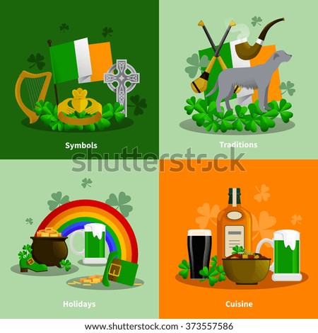 Ireland 2x2 flat design concept set of cuisine traditions simbols holidays decorative compositions  vector illustration  