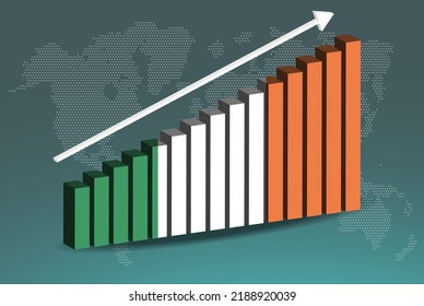 Ireland 3D bar chart graph vector, upward rising arrow on data, country statistics concept, Ireland country flag on 3D bar graph, increasing values, news banner idea