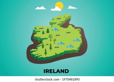 Ireland 3d isometric map with topographic details mountains, trees and soil vector illustration design