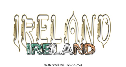 Ireland 3d light bulb alphabet with gold frame isolated on white background. gold glossy dripping  font. Vector illustration.