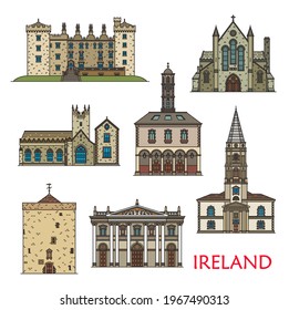 Puntos de referencia arquitectónicos irlandeses, edificios de turismo de viajes, vector. Catedral de St Canice, Abadía y castillo Negros en Kilkenny, Ayuntamiento de Tholsel, Torre Reginald en Waterford y iglesia de Saint Trinnity