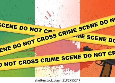 Banner vectorial de ataque armado de Irlanda, concepto de tiroteo, asalto armado con arma y mancha de sangre sobre la bandera de Irlanda, cinta amarilla de la policía, composición de la escena del crimen, vista superior, diseño plano